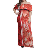 Red Hibiscus Turle Off Shoulder Maxi Dress Hawaiian Style Tribal Tapa Pattern