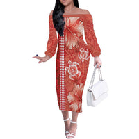 Red Hibiscus Turle Off The Shoulder Long Sleeve Dress Hawaiian Style Tribal Tapa Pattern