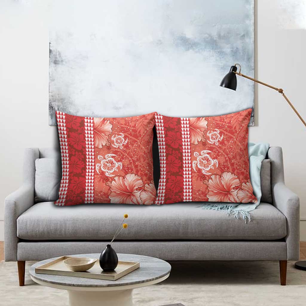 Red Hibiscus Turle Pillow Cover Hawaiian Style Tribal Tapa Pattern - Polynesian Pride