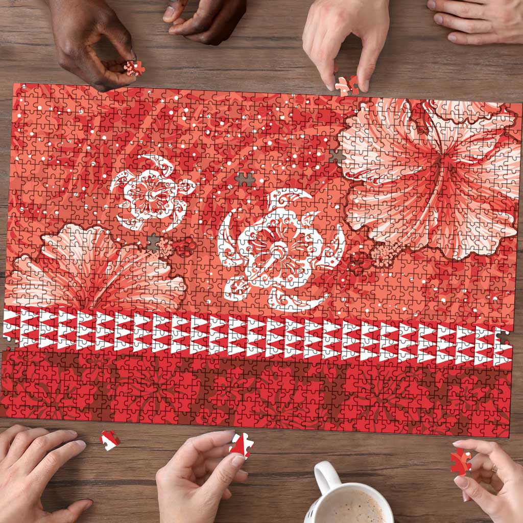 Red Hibiscus Turle Puzzle Hawaiian Style Tribal Tapa Pattern LT9 - Polynesian Pride