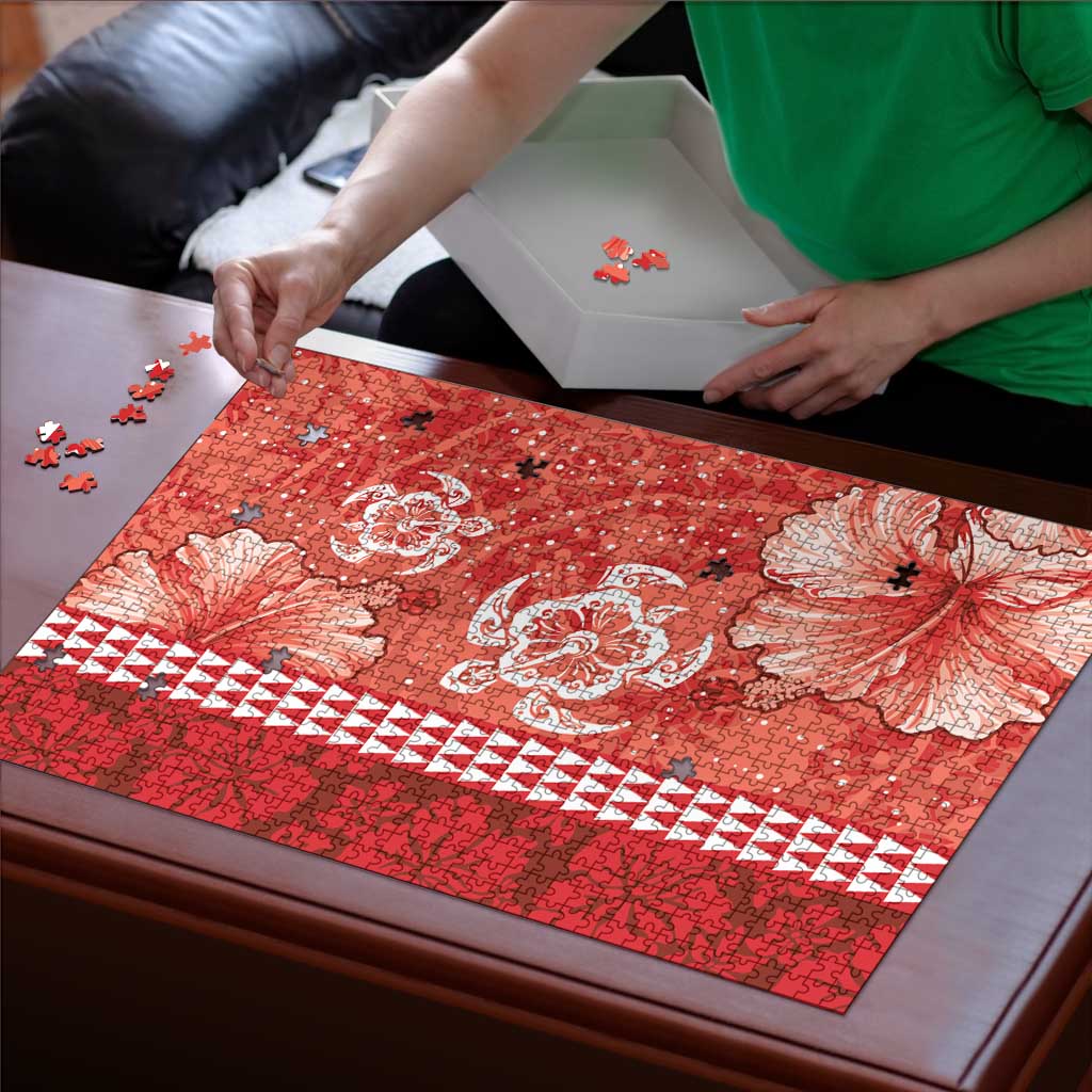Red Hibiscus Turle Puzzle Hawaiian Style Tribal Tapa Pattern LT9 - Polynesian Pride