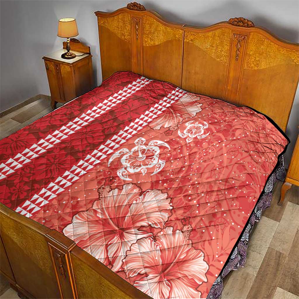 Red Hibiscus Turle Quilt Hawaiian Style Tribal Tapa Pattern