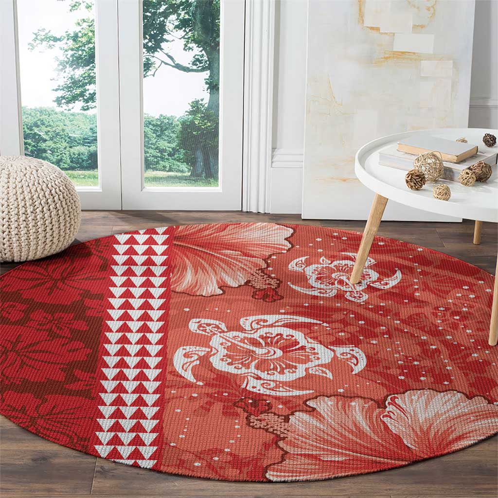 Red Hibiscus Turle Round Carpet Hawaiian Style Tribal Tapa Pattern