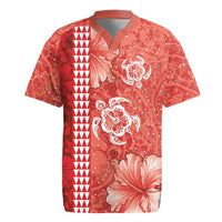 Red Hibiscus Turle Rugby Jersey Hawaiian Style Tribal Tapa Pattern