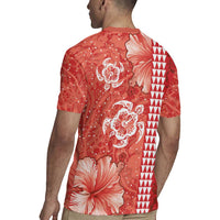 Red Hibiscus Turle Rugby Jersey Hawaiian Style Tribal Tapa Pattern