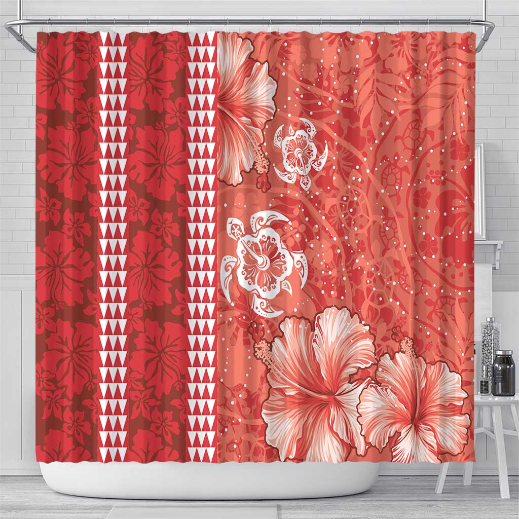 Red Hibiscus Turle Shower Curtain Hawaiian Style Tribal Tapa Pattern