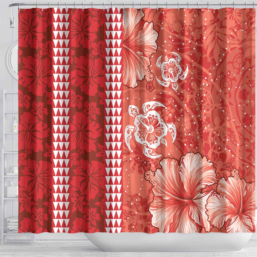 Red Hibiscus Turle Shower Curtain Hawaiian Style Tribal Tapa Pattern