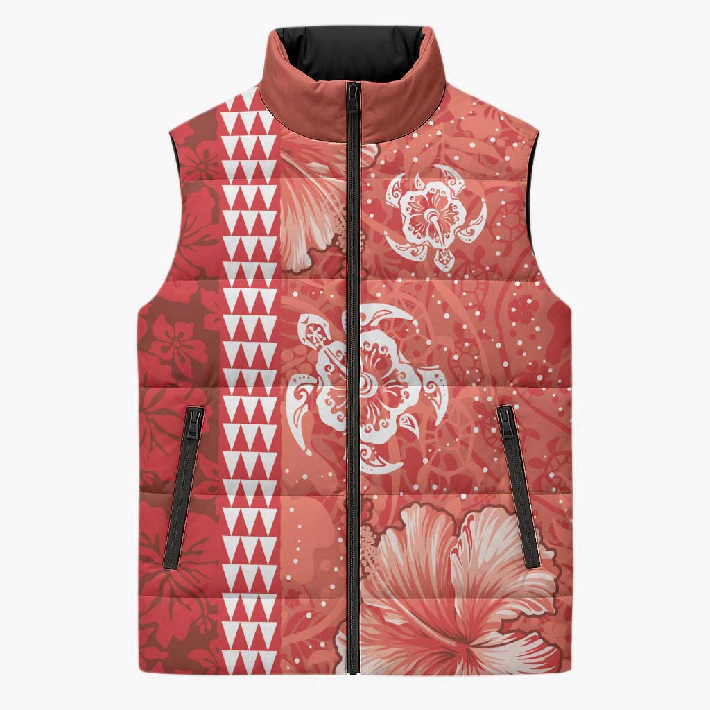 Red Hibiscus Turle Sleeveless Puffer Jacket Hawaiian Style Tribal Tapa Pattern LT9 Unisex Red - Polynesian Pride