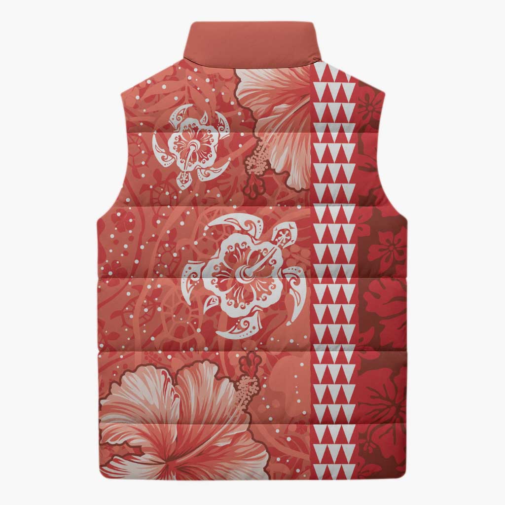 Red Hibiscus Turle Sleeveless Puffer Jacket Hawaiian Style Tribal Tapa Pattern LT9 - Polynesian Pride
