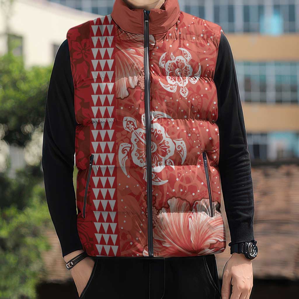Red Hibiscus Turle Sleeveless Puffer Jacket Hawaiian Style Tribal Tapa Pattern LT9 - Polynesian Pride