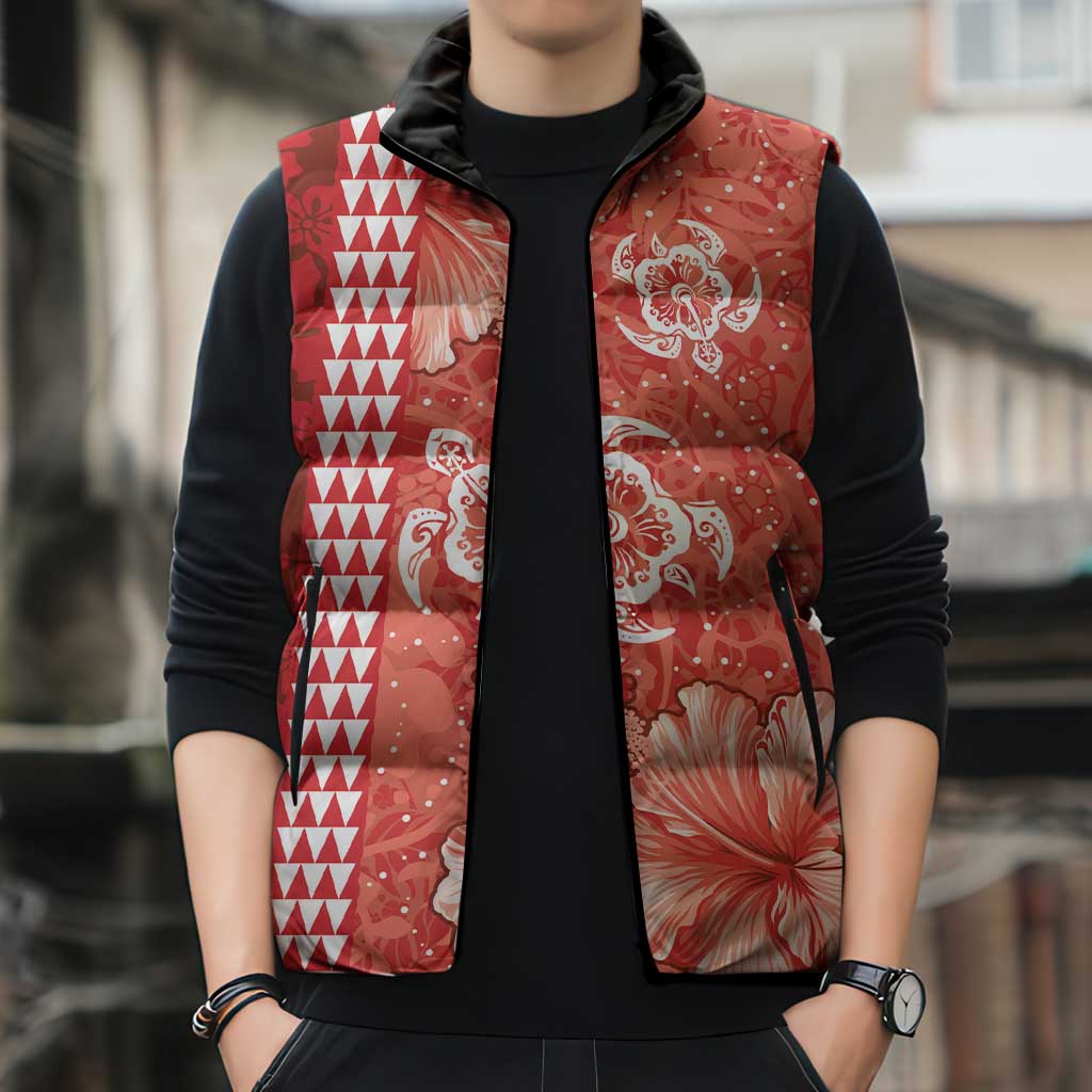 Red Hibiscus Turle Sleeveless Puffer Jacket Hawaiian Style Tribal Tapa Pattern LT9 - Polynesian Pride