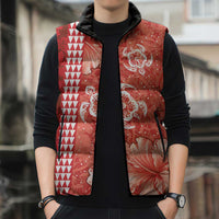 Red Hibiscus Turle Sleeveless Puffer Jacket Hawaiian Style Tribal Tapa Pattern LT9 - Polynesian Pride