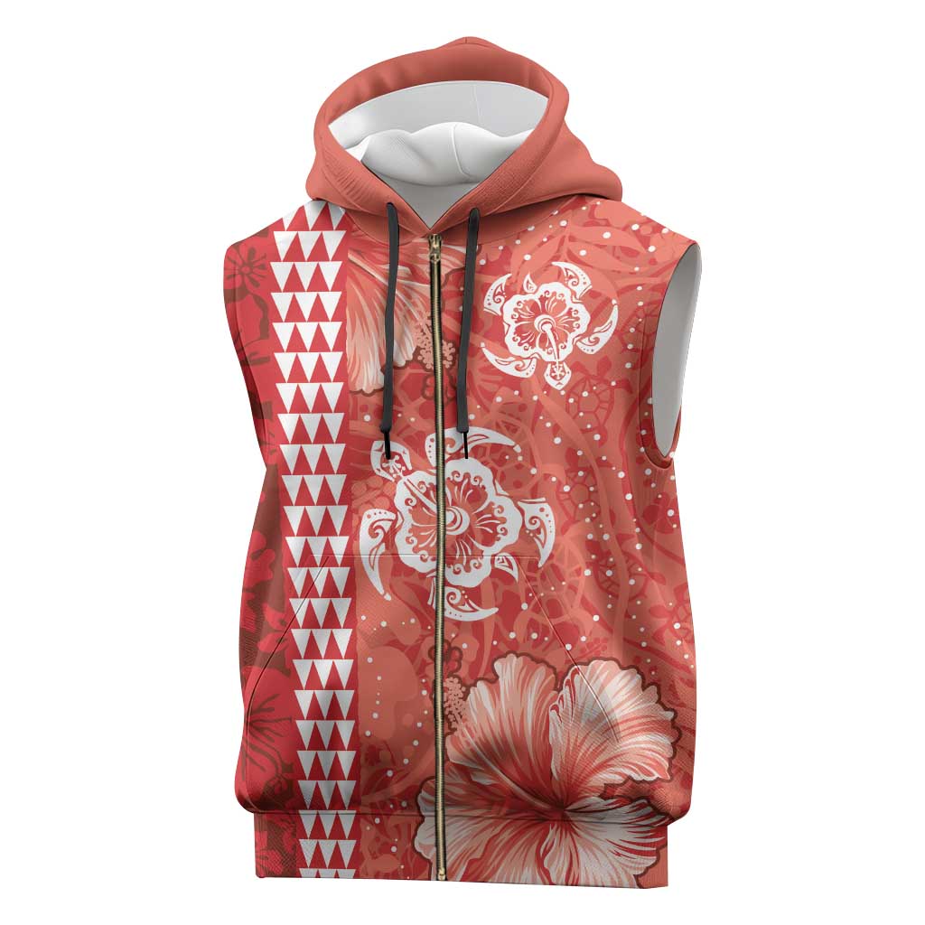 Red Hibiscus Turle Sleeveless Zip Hoodie Hawaiian Style Tribal Tapa Pattern - Polynesian Pride