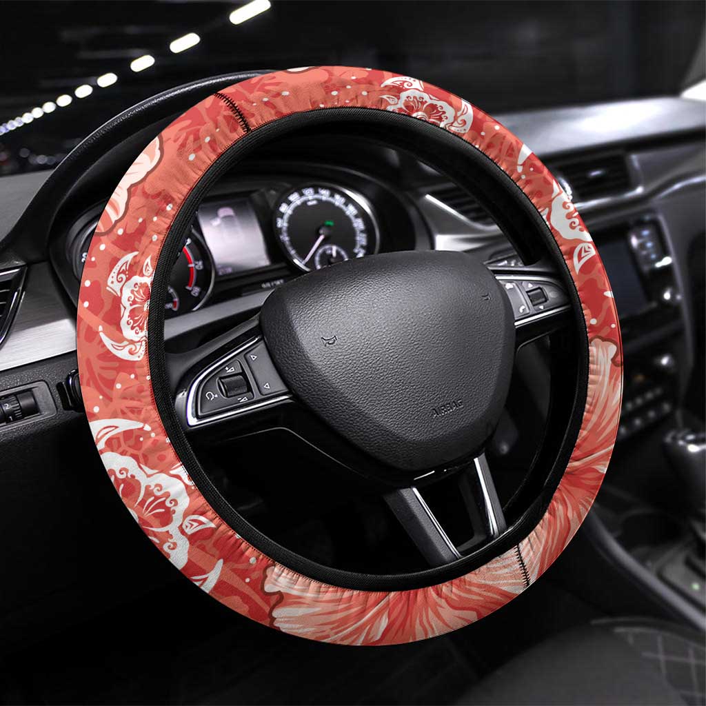 Red Hibiscus Turle Steering Wheel Cover Hawaiian Style Tribal Tapa Pattern