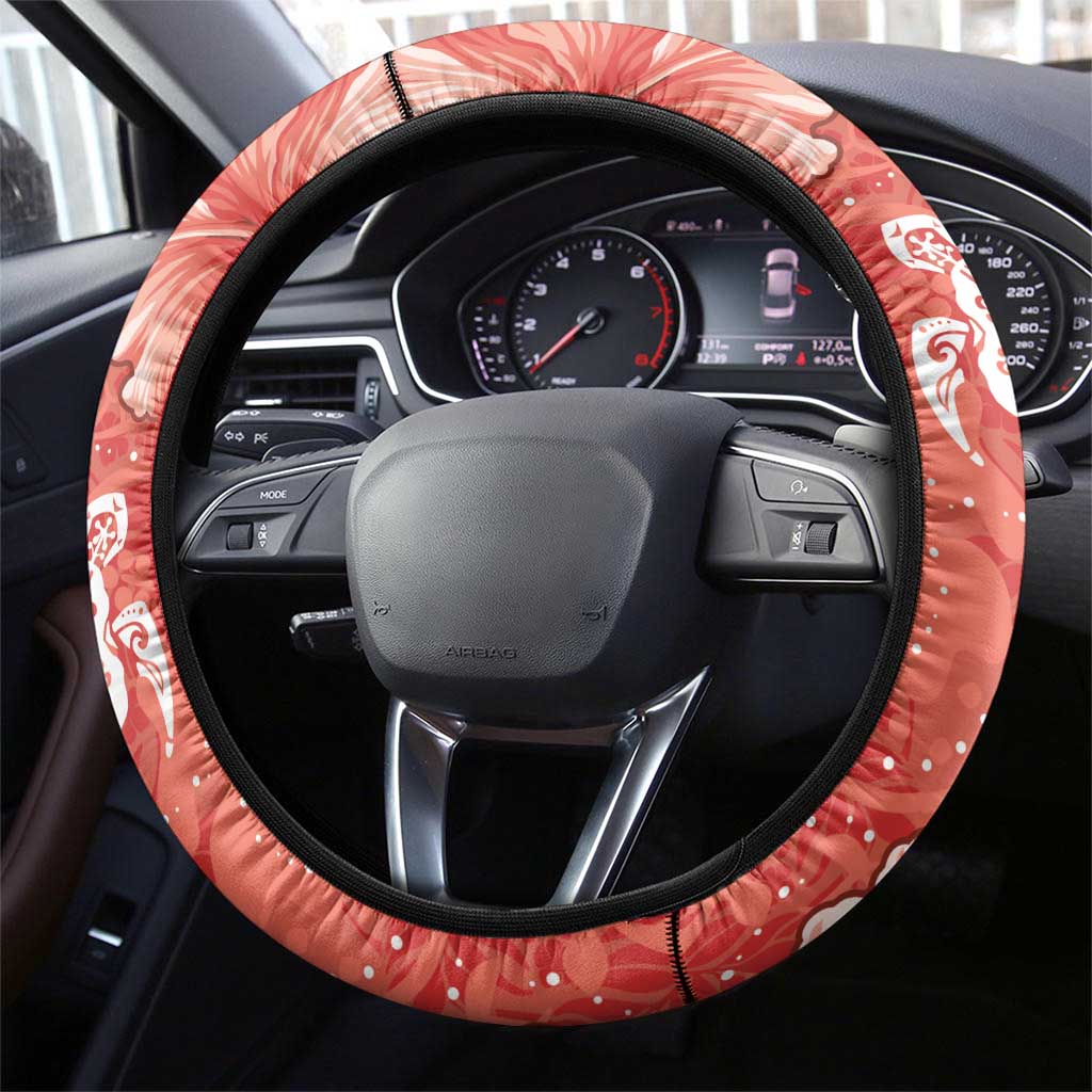 Red Hibiscus Turle Steering Wheel Cover Hawaiian Style Tribal Tapa Pattern