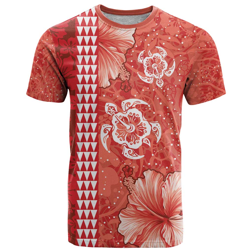 Red Hibiscus Turle T Shirt Hawaiian Style Tribal Tapa Pattern