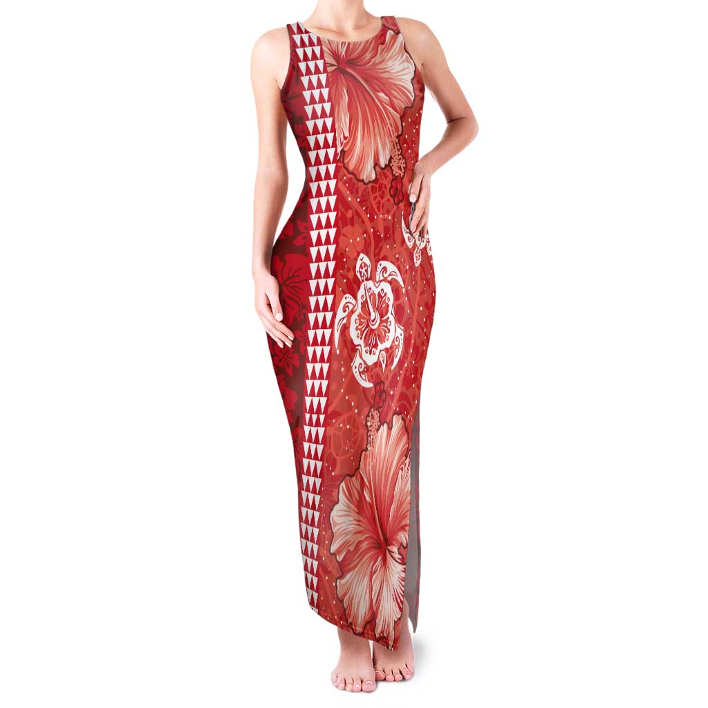 Red Hibiscus Turle Tank Maxi Dress Hawaiian Style Tribal Tapa Pattern