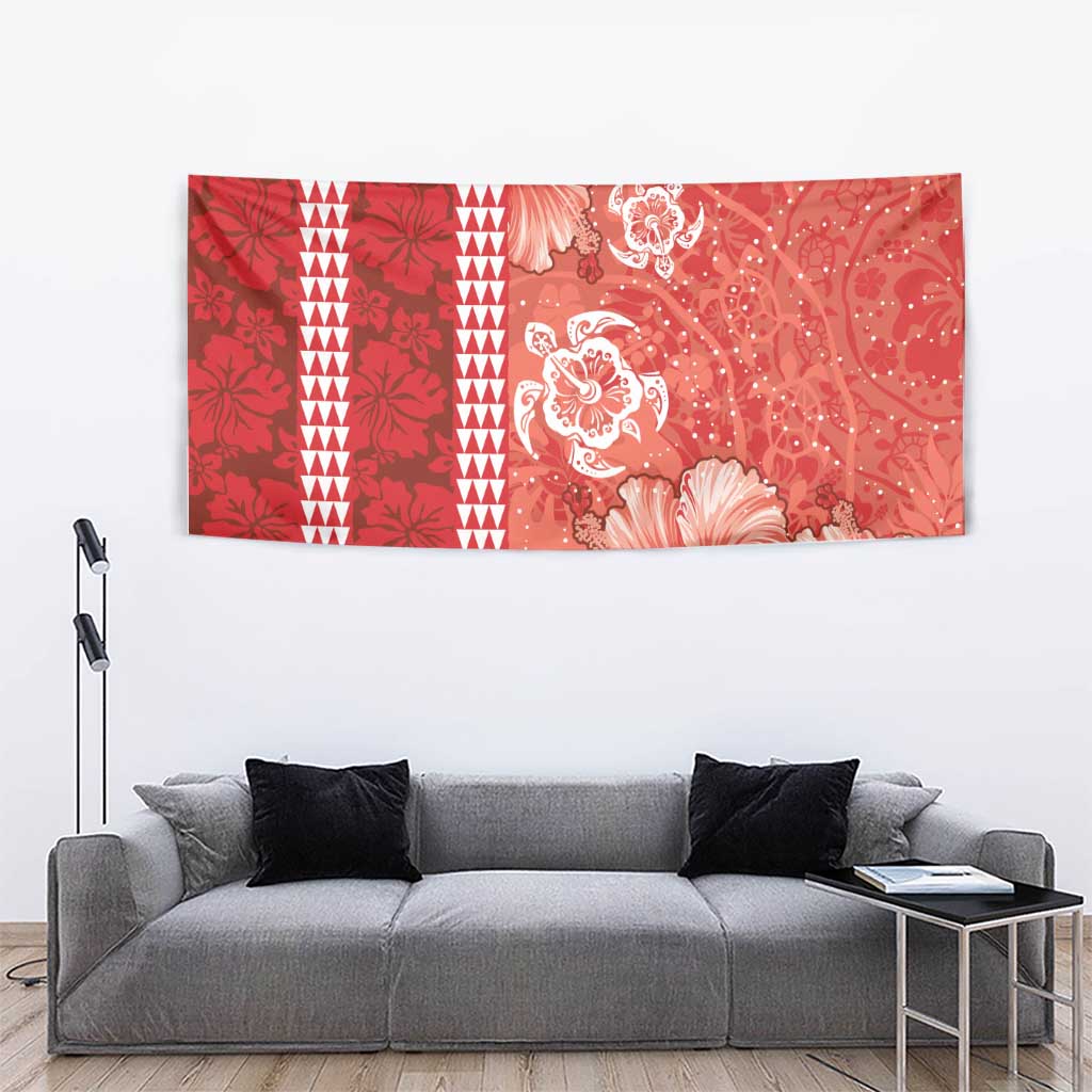 Red Hibiscus Turle Tapestry Hawaiian Style Tribal Tapa Pattern
