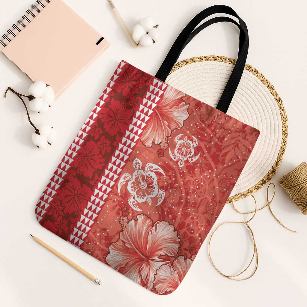 Red Hibiscus Turle Tote Bag Hawaiian Style Tribal Tapa Pattern LT9 Black Strap One Size Red - Polynesian Pride