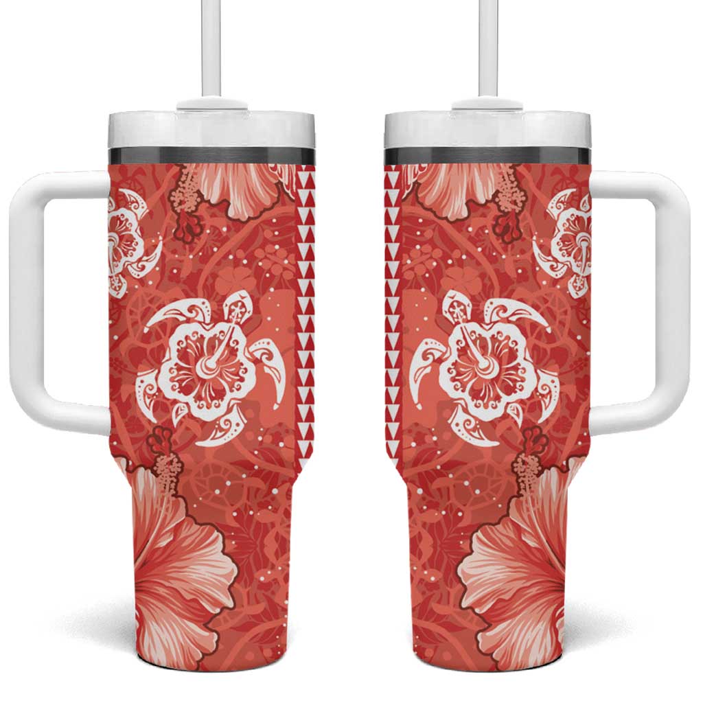 Red Hibiscus Turle Tumbler With Handle Hawaiian Style Tribal Tapa Pattern