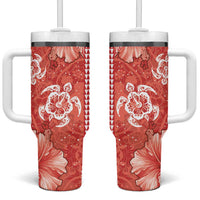 Red Hibiscus Turle Tumbler With Handle Hawaiian Style Tribal Tapa Pattern