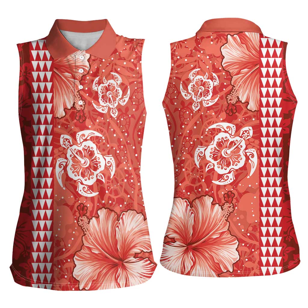 Red Hibiscus Turle Women Sleeveless Polo Shirt Hawaiian Style Tribal Tapa Pattern