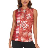 Red Hibiscus Turle Women Sleeveless Polo Shirt Hawaiian Style Tribal Tapa Pattern
