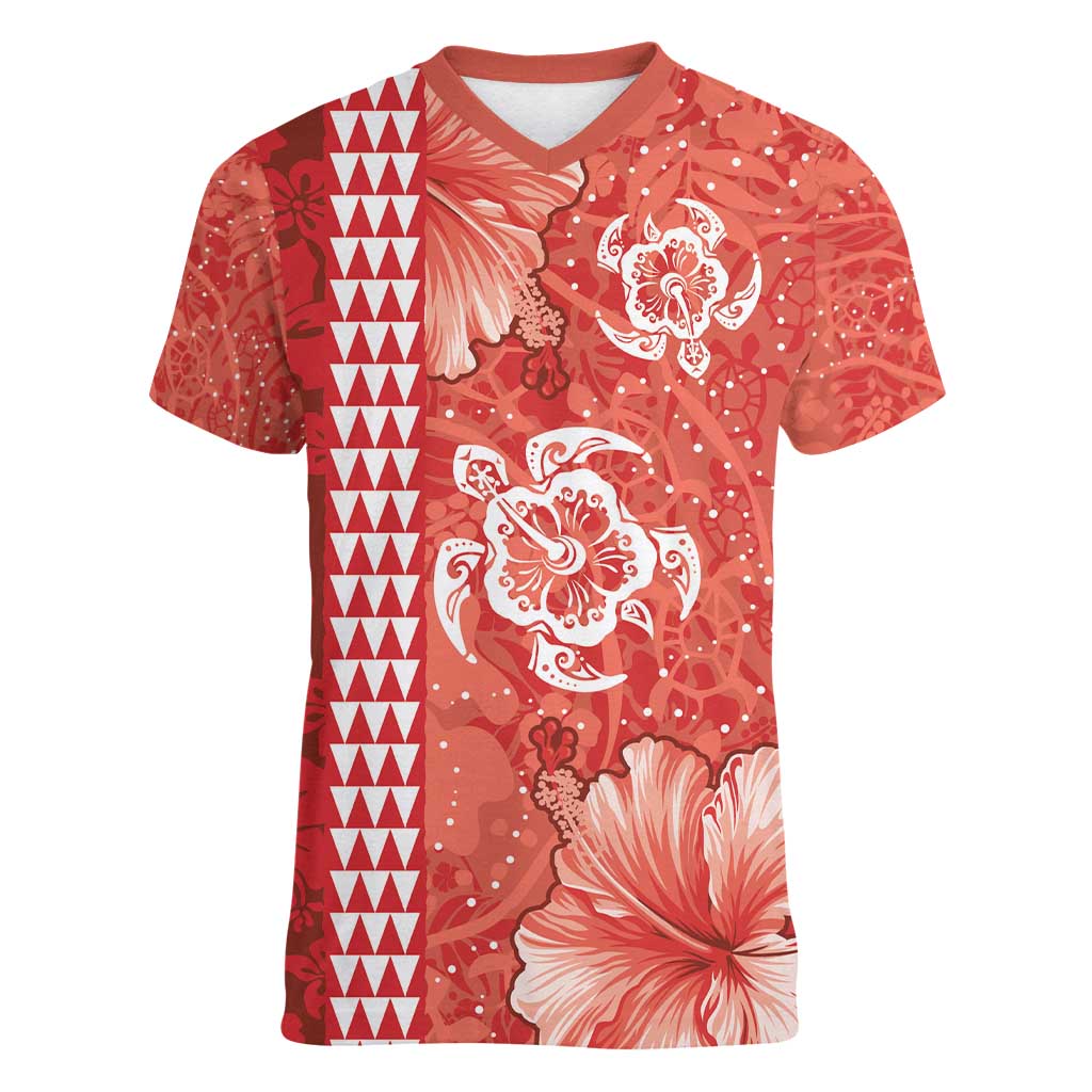 Red Hibiscus Turle Women V-Neck T-Shirt Hawaiian Style Tribal Tapa Pattern LT9 Female Red - Polynesian Pride
