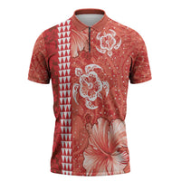 Red Hibiscus Turle Zipper Polo Shirt Hawaiian Style Tribal Tapa Pattern - Polynesian Pride