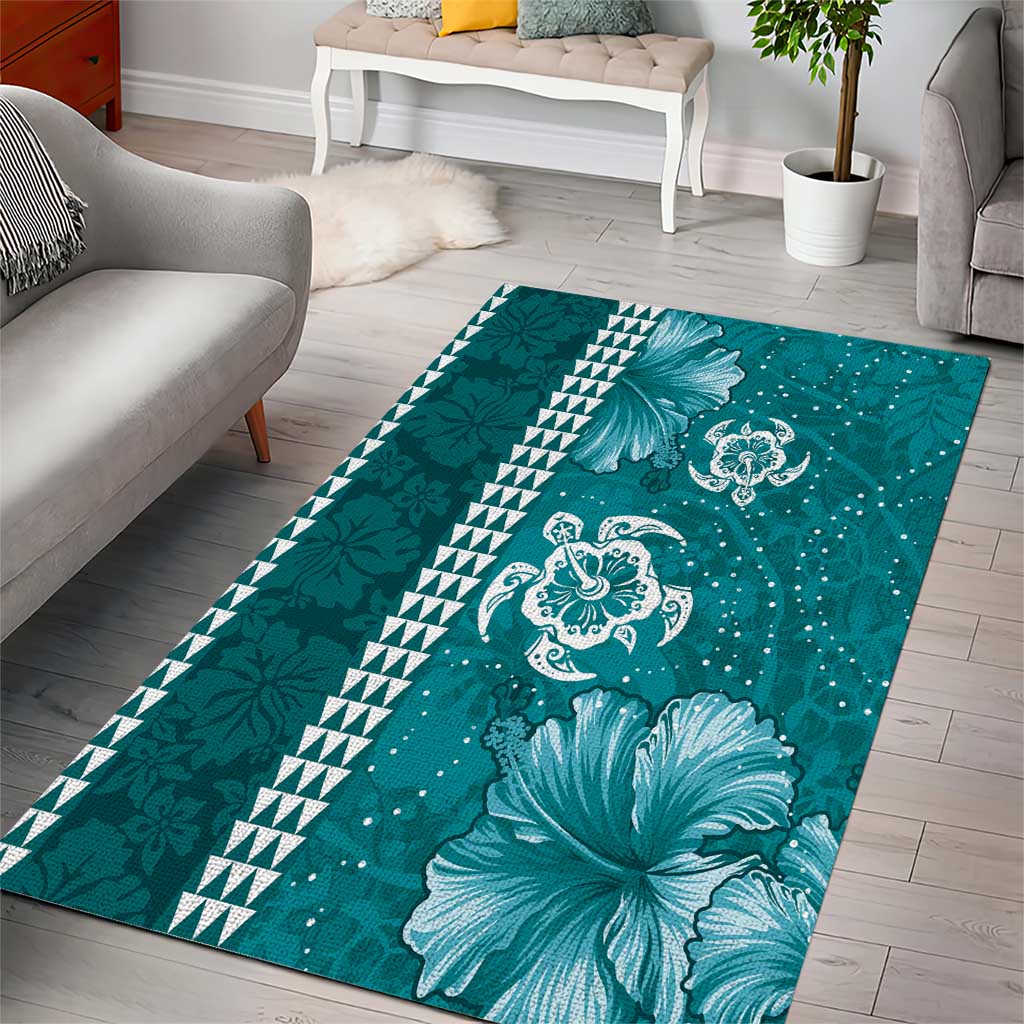 Teal Hibiscus Turle Area Rug Hawaiian Style Tribal Tapa Pattern