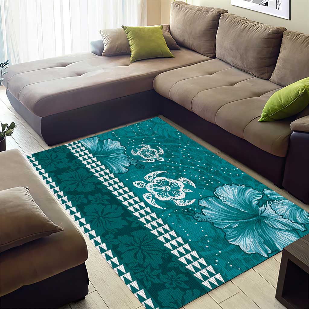 Teal Hibiscus Turle Area Rug Hawaiian Style Tribal Tapa Pattern