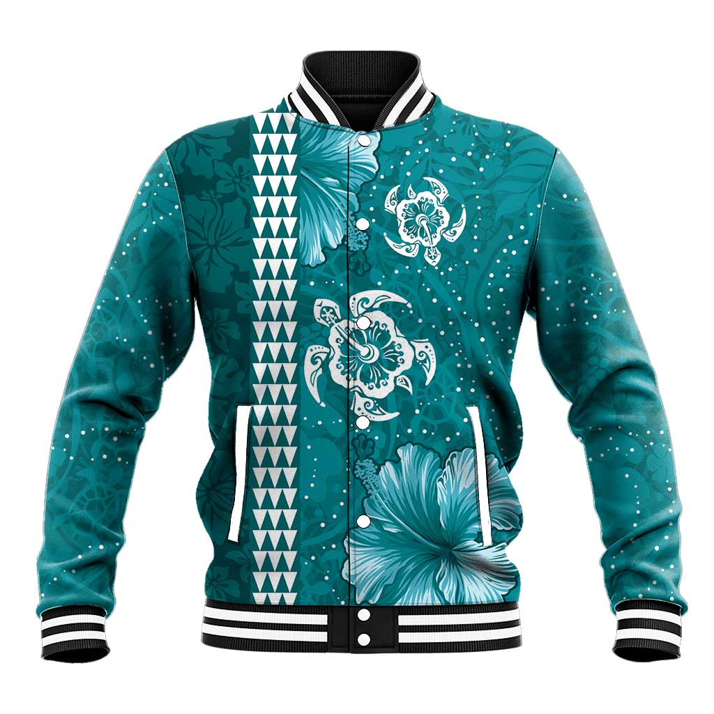 Teal Hibiscus Turle Baseball Jacket Hawaiian Style Tribal Tapa Pattern LT9 Unisex Teal - Polynesian Pride
