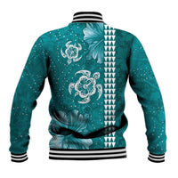 Teal Hibiscus Turle Baseball Jacket Hawaiian Style Tribal Tapa Pattern LT9 - Polynesian Pride