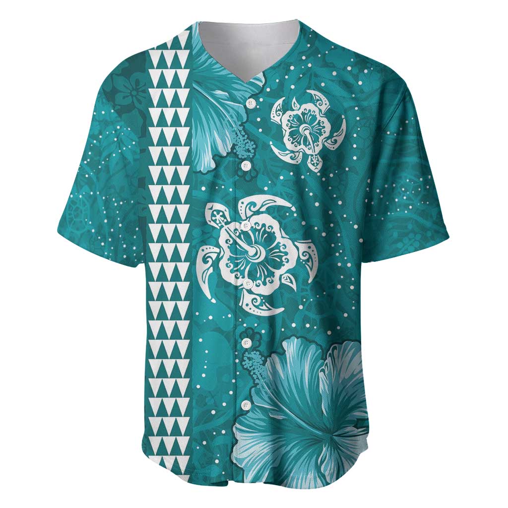 Teal Hibiscus Turle Baseball Jersey Hawaiian Style Tribal Tapa Pattern LT9 Teal - Polynesian Pride