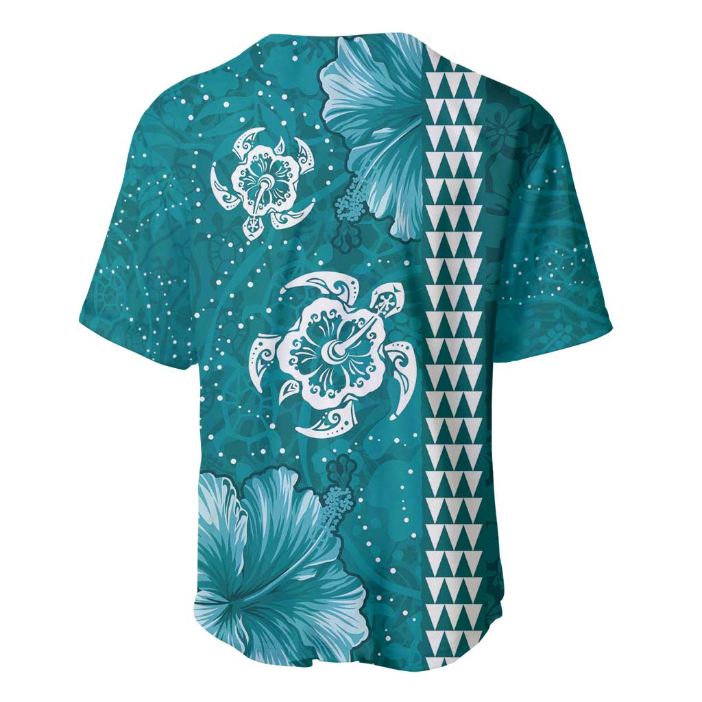 Teal Hibiscus Turle Baseball Jersey Hawaiian Style Tribal Tapa Pattern LT9 - Polynesian Pride