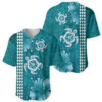 Teal Hibiscus Turle Baseball Jersey Hawaiian Style Tribal Tapa Pattern LT9 - Polynesian Pride