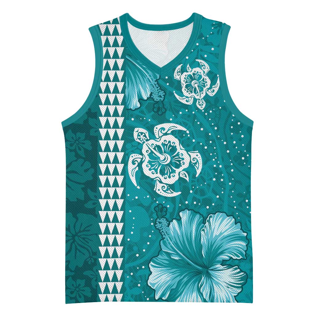 Teal Hibiscus Turle Basketball Jersey Hawaiian Style Tribal Tapa Pattern LT9 Unisex Teal - Polynesian Pride