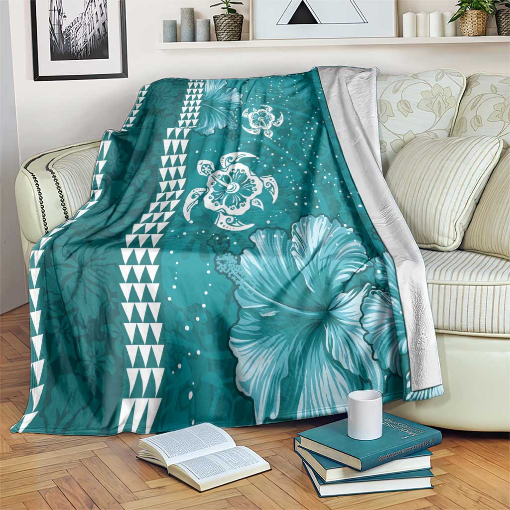 Teal Hibiscus Turle Blanket Hawaiian Style Tribal Tapa Pattern