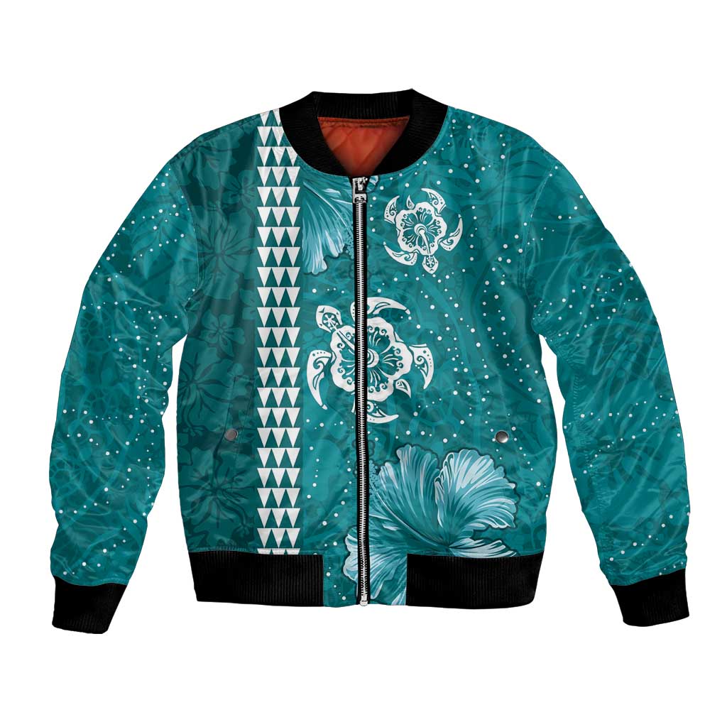 Teal Hibiscus Turle Bomber Jacket Hawaiian Style Tribal Tapa Pattern LT9 Unisex Teal - Polynesian Pride