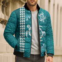 Teal Hibiscus Turle Bomber Puffer Jacket Hawaiian Style Tribal Tapa Pattern LT9 - Polynesian Pride