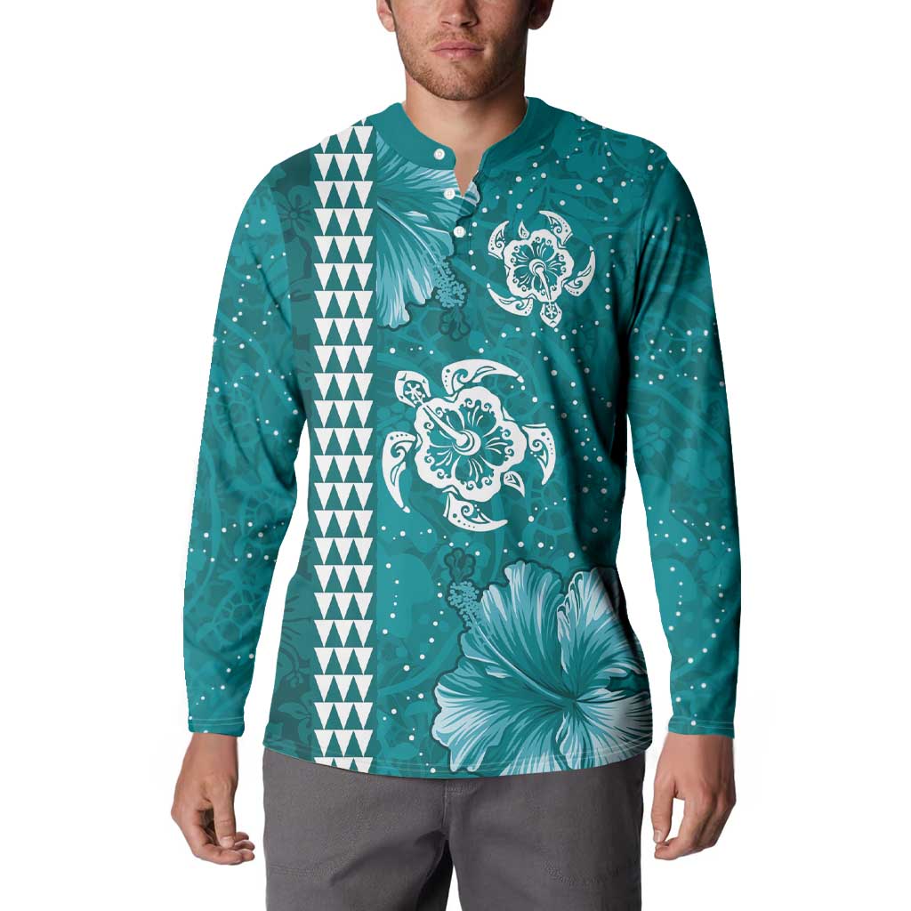 Teal Hibiscus Turle Button Sweatshirt Hawaiian Style Tribal Tapa Pattern LT9 - Polynesian Pride