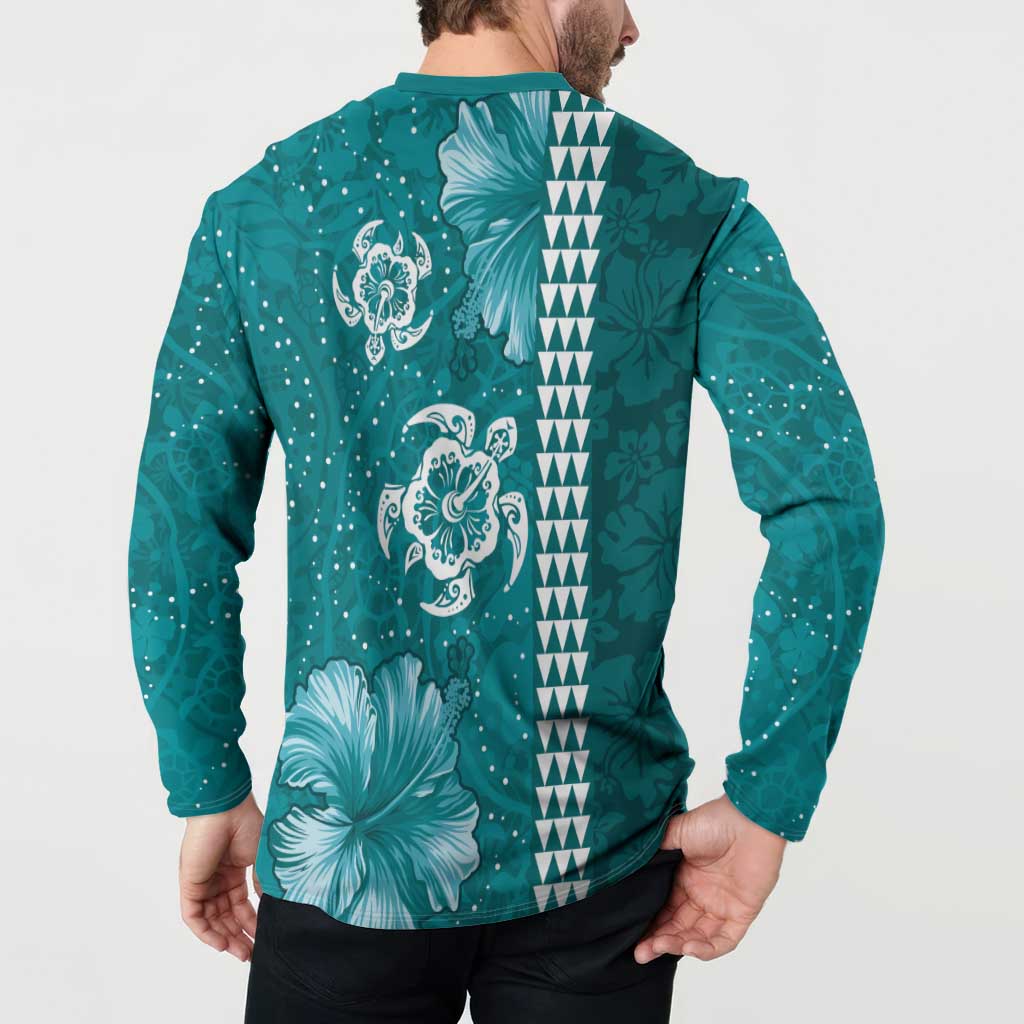Teal Hibiscus Turle Button Sweatshirt Hawaiian Style Tribal Tapa Pattern LT9 - Polynesian Pride