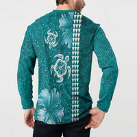 Teal Hibiscus Turle Button Sweatshirt Hawaiian Style Tribal Tapa Pattern LT9 - Polynesian Pride