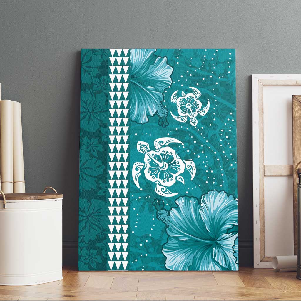 Teal Hibiscus Turle Canvas Wall Art Hawaiian Style Tribal Tapa Pattern