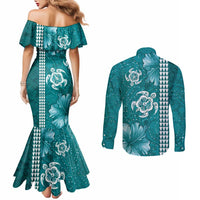Teal Hibiscus Turle Couples Matching Mermaid Dress and Long Sleeve Button Shirt Hawaiian Style Tribal Tapa Pattern LT9 - Polynesian Pride