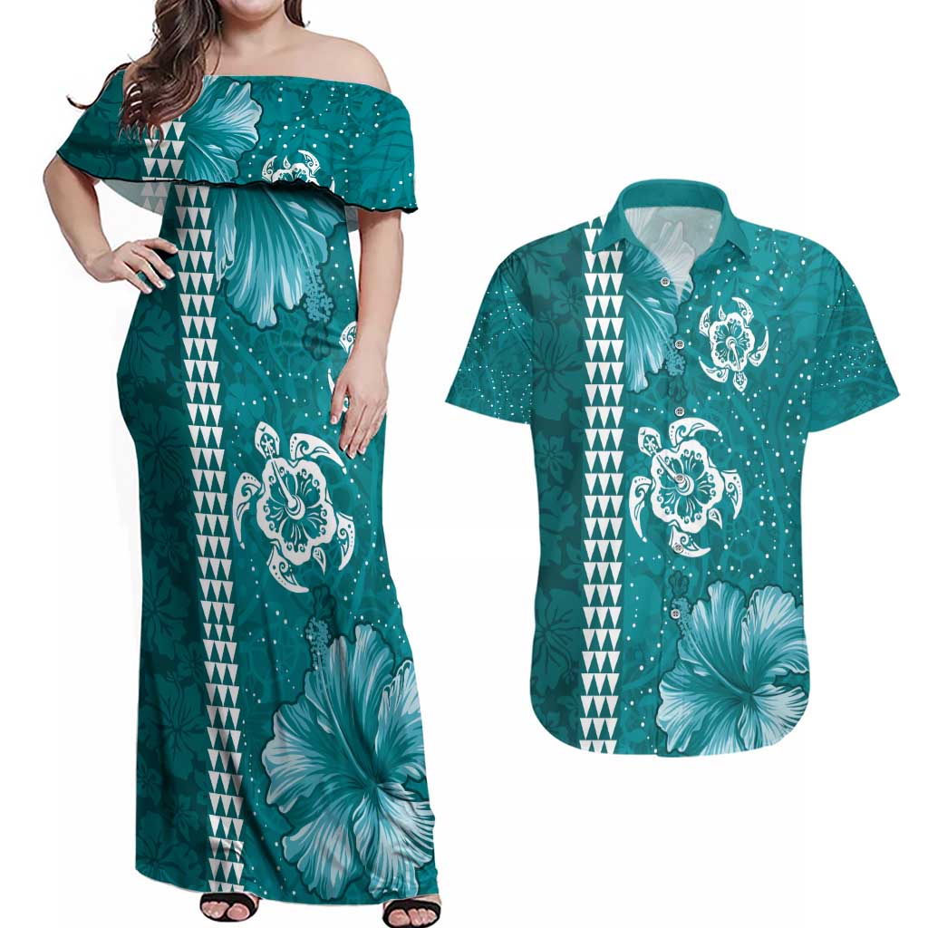 Teal Hibiscus Turle Couples Matching Off Shoulder Maxi Dress and Hawaiian Shirt Hawaiian Style Tribal Tapa Pattern LT9 Teal - Polynesian Pride