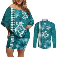 Teal Hibiscus Turle Couples Matching Off Shoulder Short Dress and Long Sleeve Button Shirt Hawaiian Style Tribal Tapa Pattern LT9 Teal - Polynesian Pride