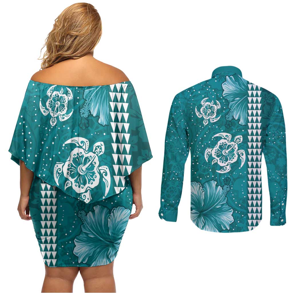 Teal Hibiscus Turle Couples Matching Off Shoulder Short Dress and Long Sleeve Button Shirt Hawaiian Style Tribal Tapa Pattern LT9 - Polynesian Pride