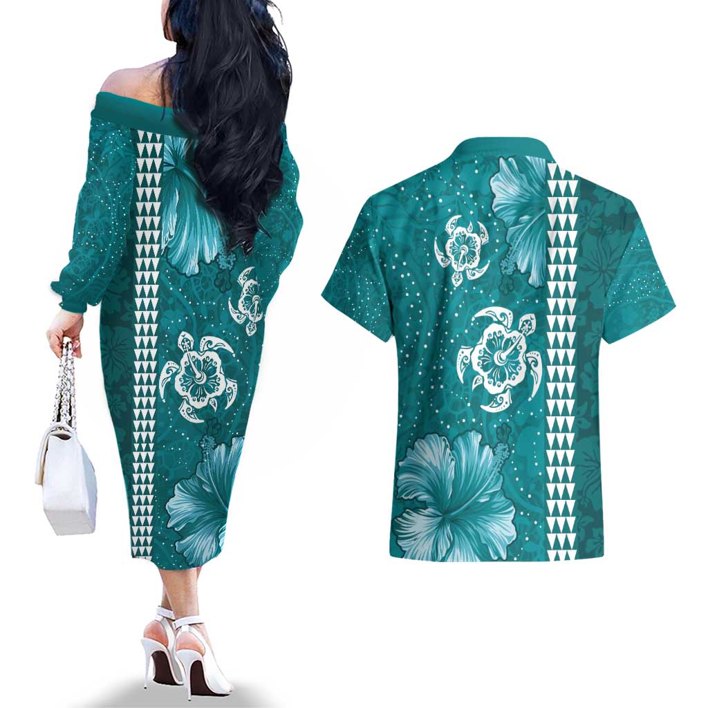 Teal Hibiscus Turle Couples Matching Off The Shoulder Long Sleeve Dress and Hawaiian Shirt Hawaiian Style Tribal Tapa Pattern