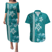 Teal Hibiscus Turle Couples Matching Puletasi and Hawaiian Shirt Hawaiian Style Tribal Tapa Pattern LT9 Teal - Polynesian Pride